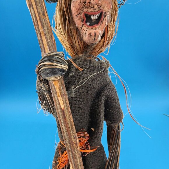 Wicked Witch Broom Stick Paper Mache Style Decor Raffia Primitive Halloween 34" - Picture 5 of 14